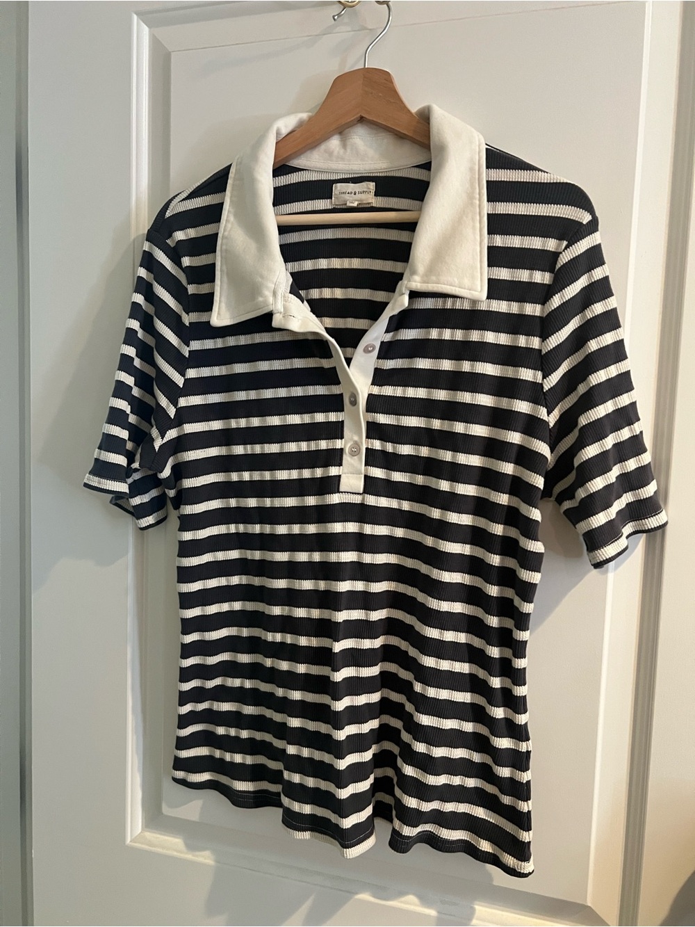 *Stretchy* Thread & Supply Charcoal & Cream Striped Polo with Contrast Collar